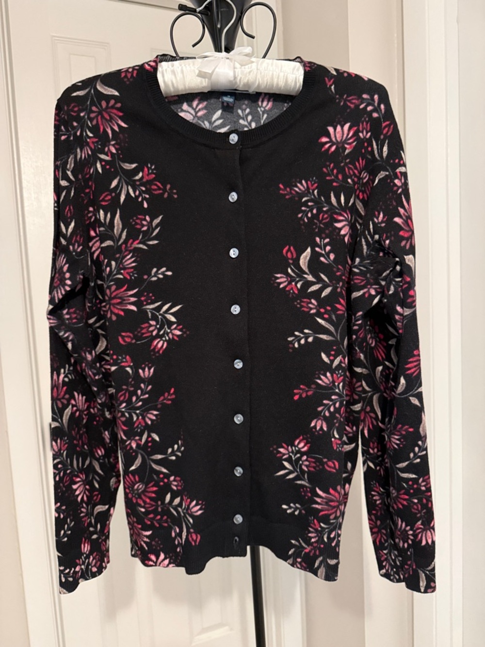 Karen Scott Black Floral Button-Front Women's Cardigan - Size M